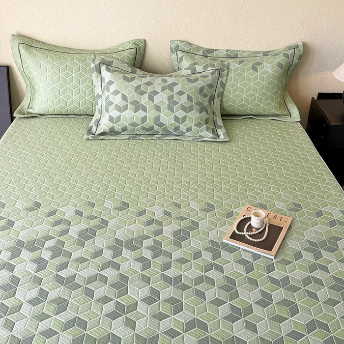 91家纺网 家纺一手货源 找家纺 若未家居 LOVEWE HOUSE 2025新款800克进口高分子100%乙纶PE冷凝凉感软席凉席渐变色织提花系列床笠-床笠款  魔方-绿