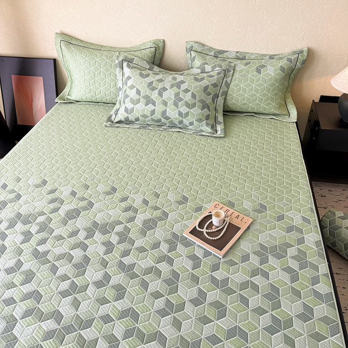 91家纺网 家纺一手货源 找家纺 若未家居 LOVEWE HOUSE 2025新款800克进口高分子100%乙纶PE冷凝凉感软席凉席渐变色织提花系列床笠-床笠款  魔方-绿