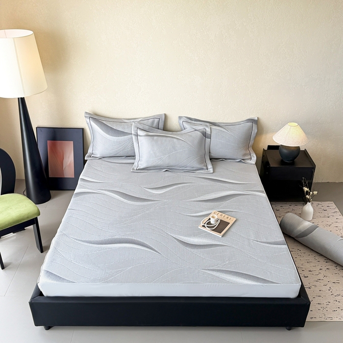 91家纺网 家纺一手货源 找家纺 若未家居 LOVEWE HOUSE 2025新款800克进口高分子100%乙纶PE冷凝凉感软席凉席渐变色织提花系列床笠-床笠款 月牙-灰