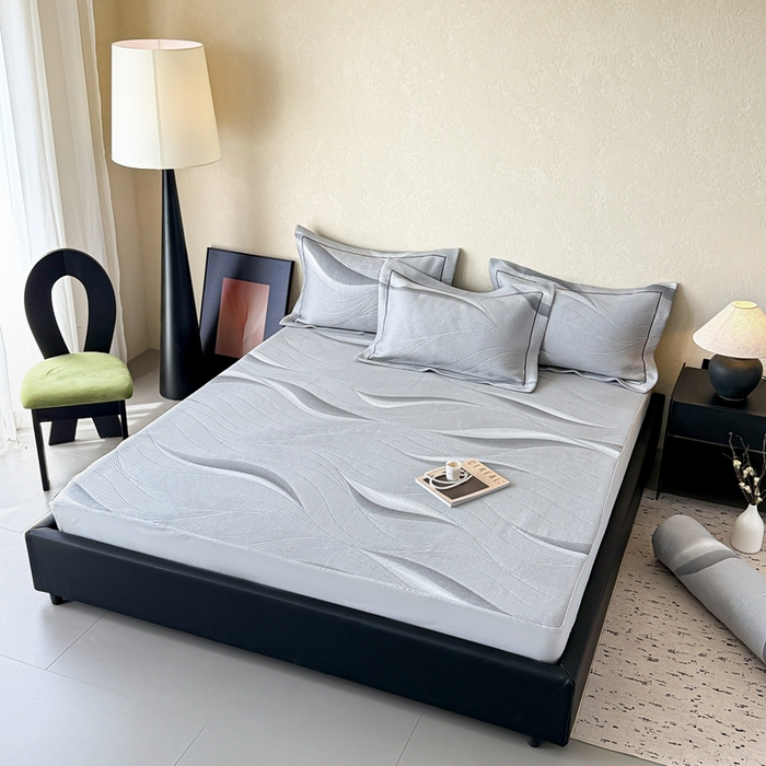 91家纺网 家纺一手货源 找家纺 若未家居 LOVEWE HOUSE 2025新款800克进口高分子100%乙纶PE冷凝凉感软席凉席渐变色织提花系列床笠-床笠款 月牙-灰