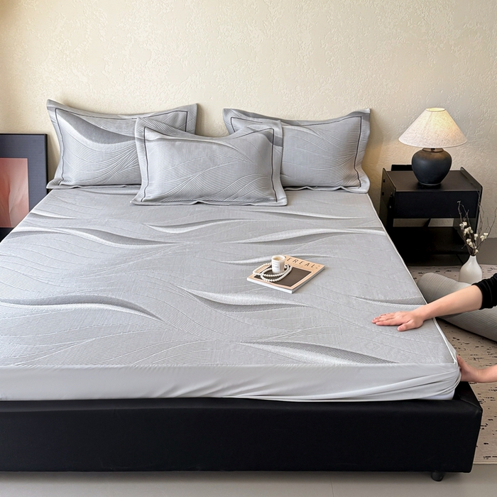 91家纺网 家纺一手货源 找家纺 若未家居 LOVEWE HOUSE 2025新款800克进口高分子100%乙纶PE冷凝凉感软席凉席渐变色织提花系列床笠-床笠款 月牙-灰