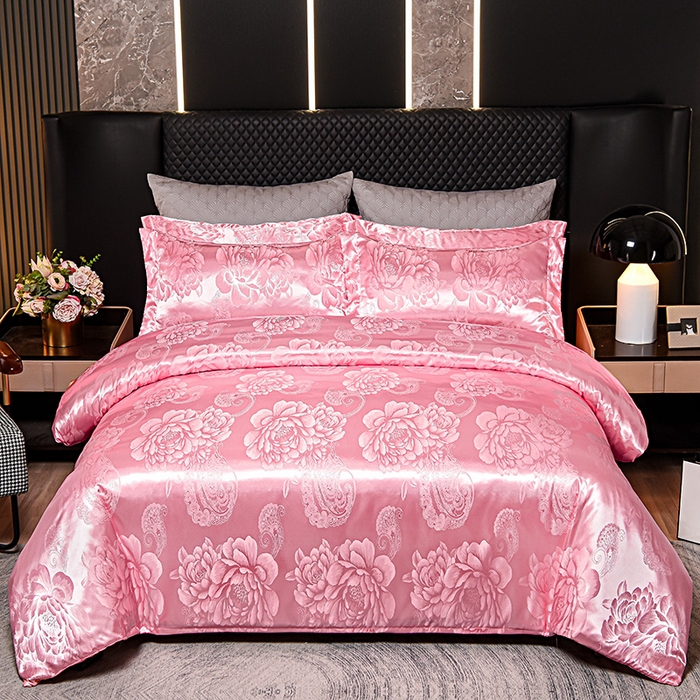 91家纺网 家纺一手货源 找家纺 优美 2025新款高克重贡缎提花四件套系列 花间飞舞-粉玉