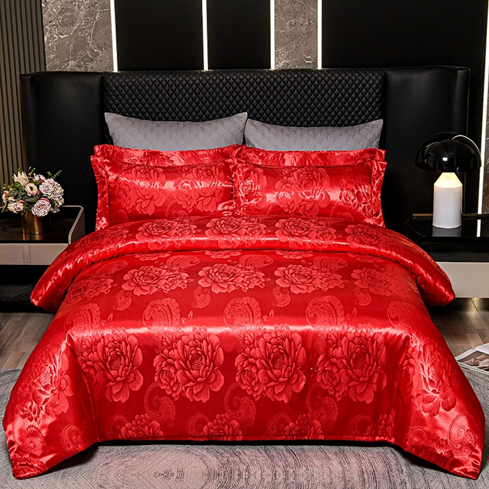 91家纺网 家纺一手货源 找家纺 优美 2025新款高克重贡缎提花四件套系列 花间飞舞-大红