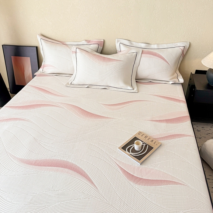 91家纺网 家纺一手货源 找家纺 若未家居 LOVEWE HOUSE 2025新款800克进口高分子100%乙纶PE冷凝凉感软席凉席渐变色织提花系列床笠-床笠款 月牙-粉