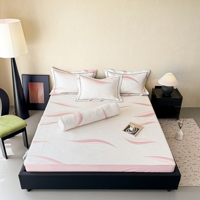 91家纺网 家纺一手货源 找家纺 若未家居 LOVEWE HOUSE 2025新款800克进口高分子100%乙纶PE冷凝凉感软席凉席渐变色织提花系列床笠-床笠款 月牙-粉