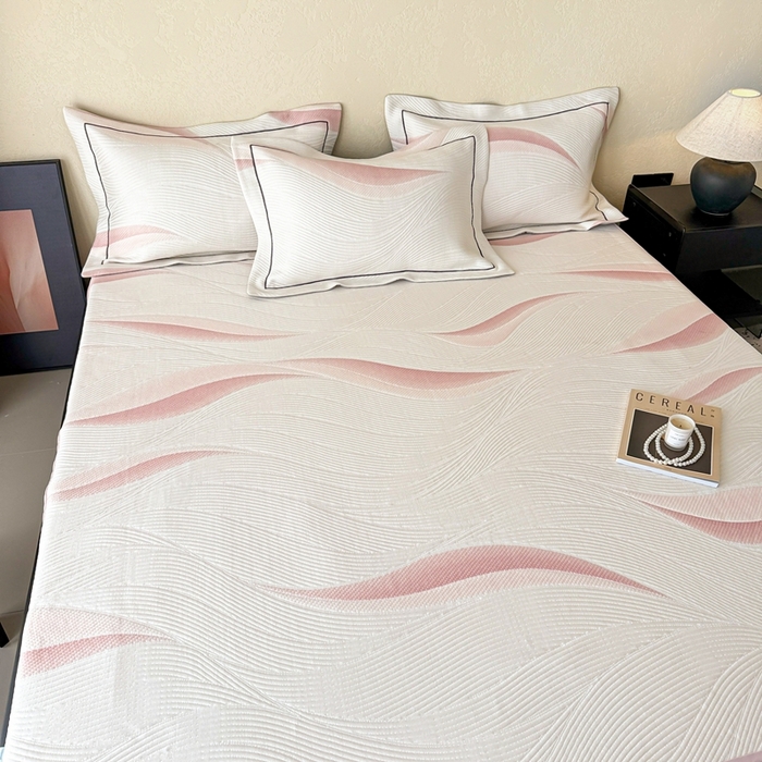 91家纺网 家纺一手货源 找家纺 若未家居 LOVEWE HOUSE 2025新款800克进口高分子100%乙纶PE冷凝凉感软席凉席渐变色织提花系列床笠-床笠款 月牙-粉