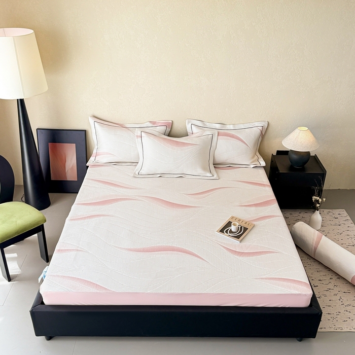 91家纺网 家纺一手货源 找家纺 若未家居 LOVEWE HOUSE 2025新款800克进口高分子100%乙纶PE冷凝凉感软席凉席渐变色织提花系列床笠-床笠款 月牙-粉