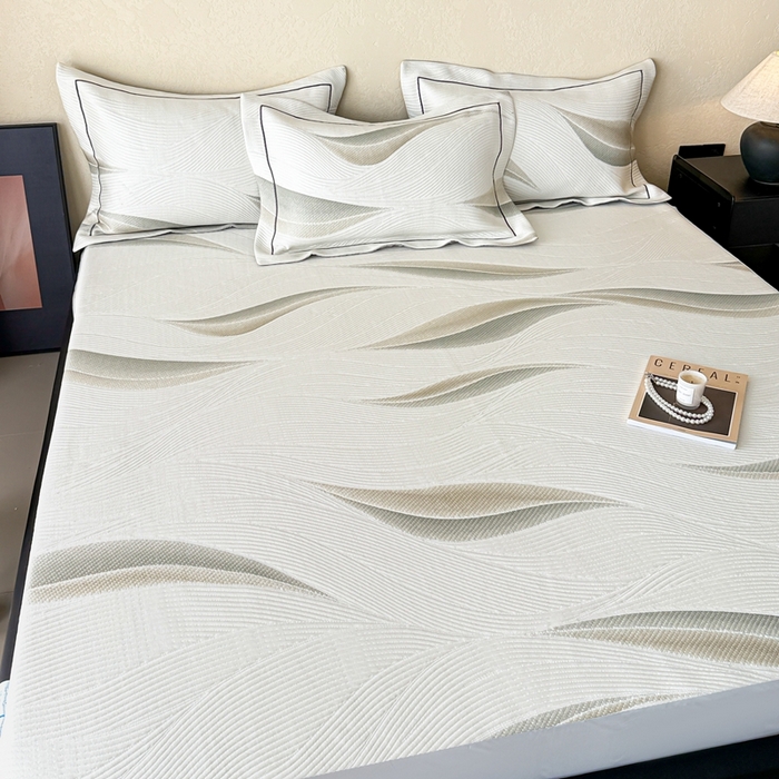 91家纺网 家纺一手货源 找家纺 若未家居 LOVEWE HOUSE 2025新款800克进口高分子100%乙纶PE冷凝凉感软席凉席渐变色织提花系列床笠-床笠款  月牙-白