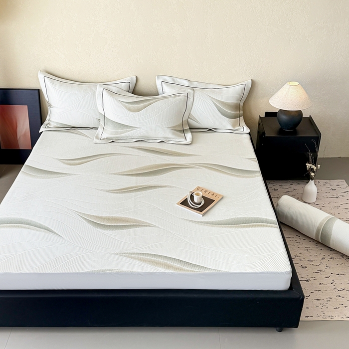 91家纺网 家纺一手货源 找家纺 若未家居 LOVEWE HOUSE 2025新款800克进口高分子100%乙纶PE冷凝凉感软席凉席渐变色织提花系列床笠-床笠款  月牙-白