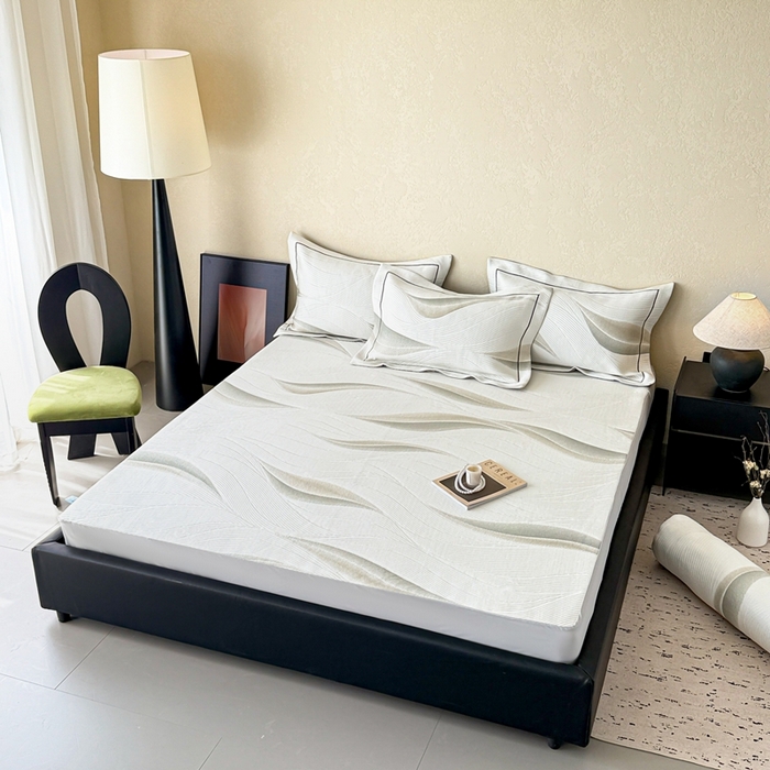 91家纺网 家纺一手货源 找家纺 若未家居 LOVEWE HOUSE 2025新款800克进口高分子100%乙纶PE冷凝凉感软席凉席渐变色织提花系列床笠-床笠款  月牙-白