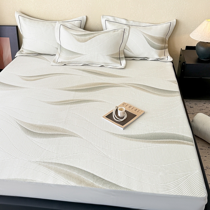 91家纺网 家纺一手货源 找家纺 若未家居 LOVEWE HOUSE 2025新款800克进口高分子100%乙纶PE冷凝凉感软席凉席渐变色织提花系列床笠-床笠款  月牙-白