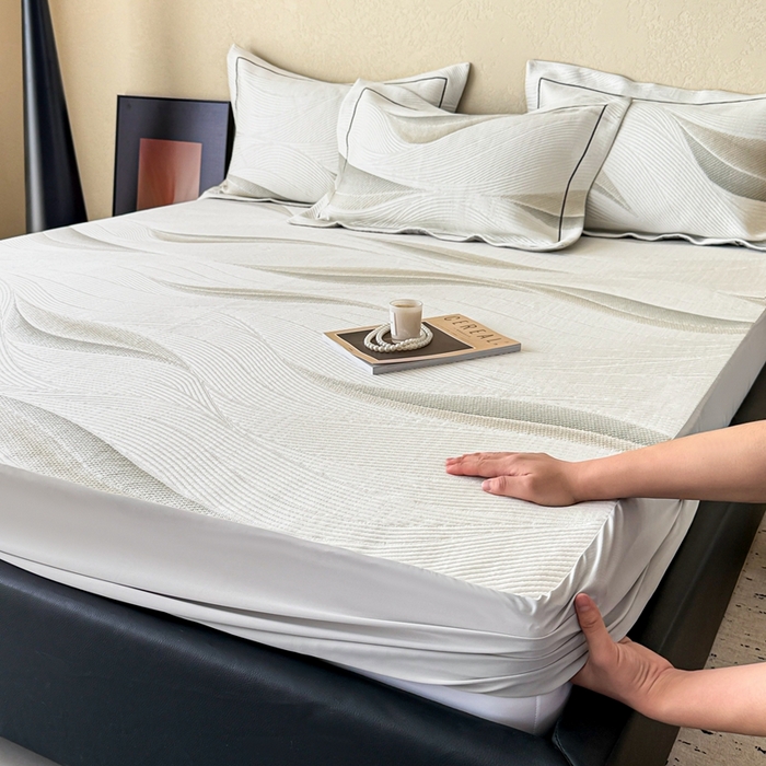 91家纺网 家纺一手货源 找家纺 若未家居 LOVEWE HOUSE 2025新款800克进口高分子100%乙纶PE冷凝凉感软席凉席渐变色织提花系列床笠-床笠款  月牙-白