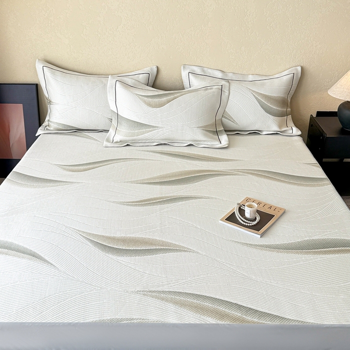 91家纺网 家纺一手货源 找家纺 若未家居 LOVEWE HOUSE 2025新款800克进口高分子100%乙纶PE冷凝凉感软席凉席渐变色织提花系列床笠-床笠款  月牙-白