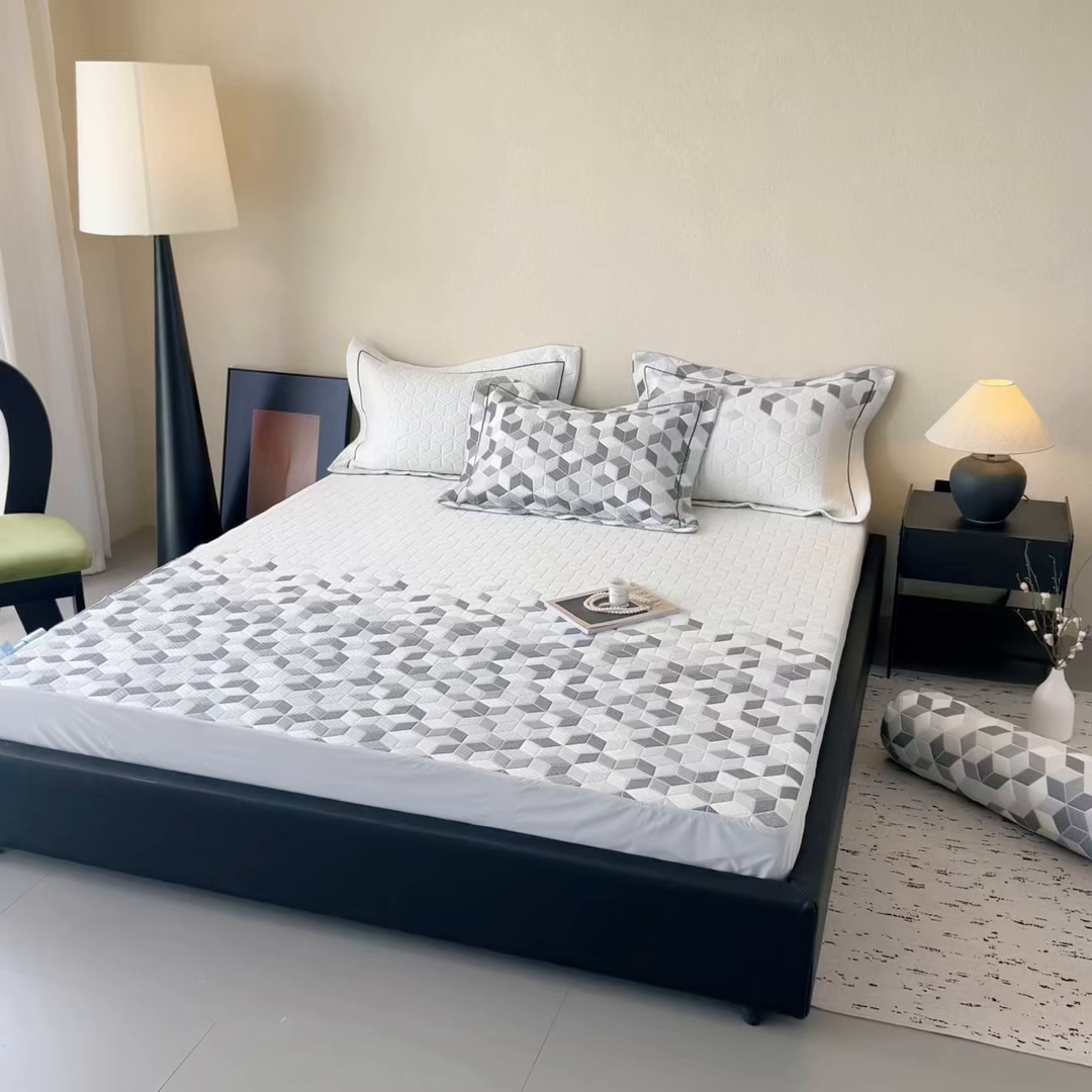 91家纺网 家纺一手货源 找家纺 若未家居 LOVEWE HOUSE 2025新款800克进口高分子100%乙纶PE冷凝凉感软席凉席渐变色织提花系列床笠-床笠款 魔方-白