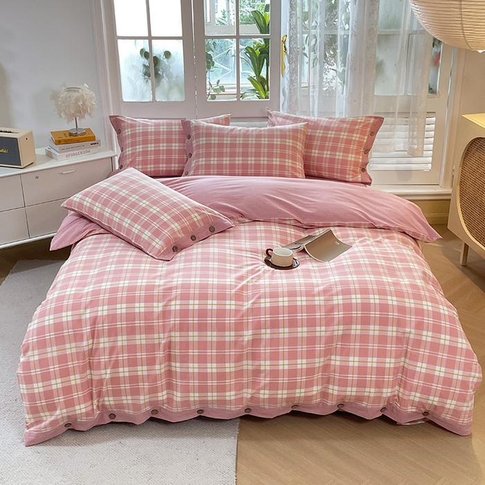 91家纺网 家纺一手货源 找家纺 琉宿家纺 2025新款纽扣款水洗棉四件套 妙恋粉