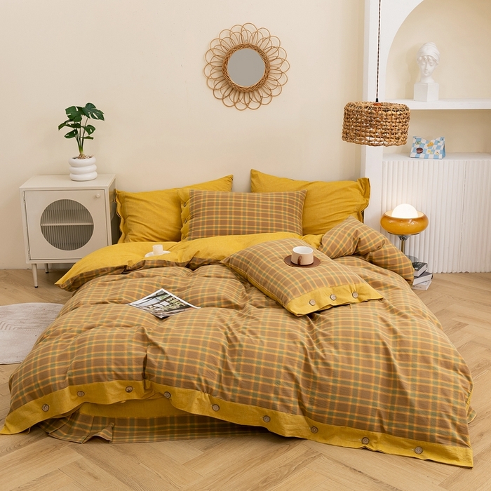 91家纺网 家纺一手货源 找家纺 琉宿家纺 2025新款纽扣款水洗棉四件套 舒恋咖