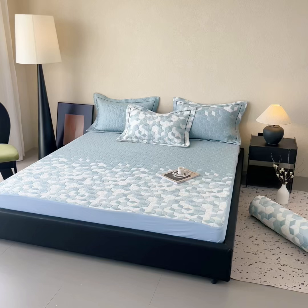 91家纺网 家纺一手货源 找家纺 若未家居 LOVEWE HOUSE 2025新款800克进口高分子100%乙纶PE冷凝凉感软席凉席渐变色织提花系列床笠-床笠款 魔方-蓝