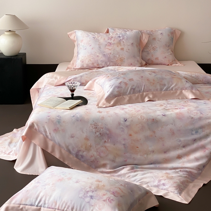 91家纺网 家纺一手货源 找家纺 云栖家居 2025天丝棉数码印花四件套 春日云升-粉