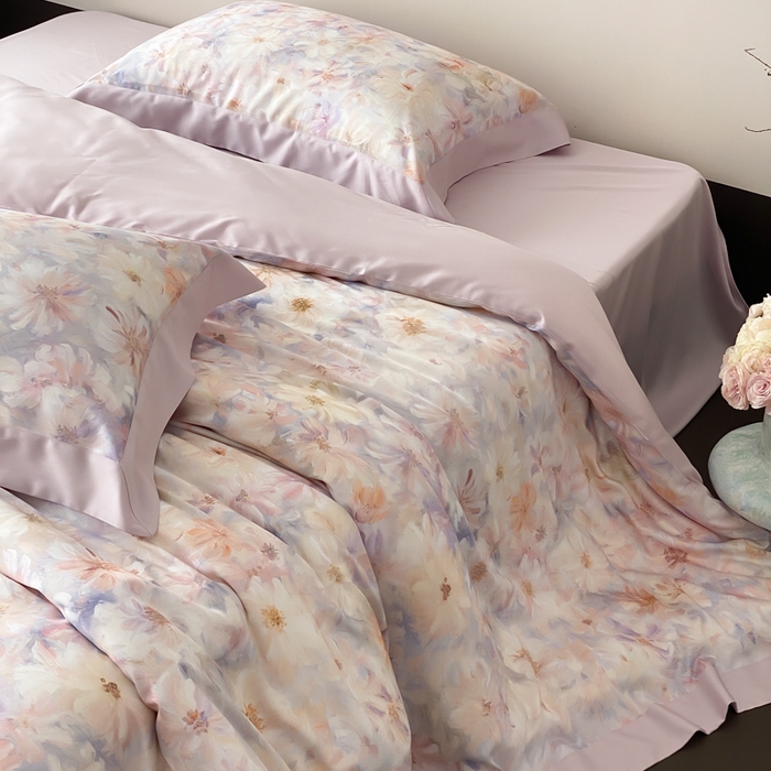 91家纺网 家纺一手货源 找家纺 云栖家居 2025天丝棉数码印花四件套 溪满花-梦幻紫