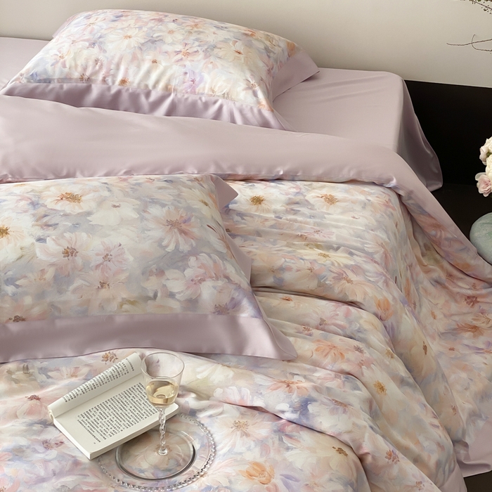 91家纺网 家纺一手货源 找家纺 云栖家居 2025天丝棉数码印花四件套 溪满花-梦幻紫