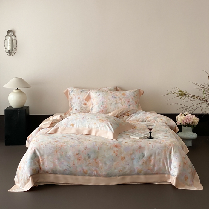 91家纺网 家纺一手货源 找家纺 云栖家居 2025天丝棉数码印花四件套 溪满花-香槟