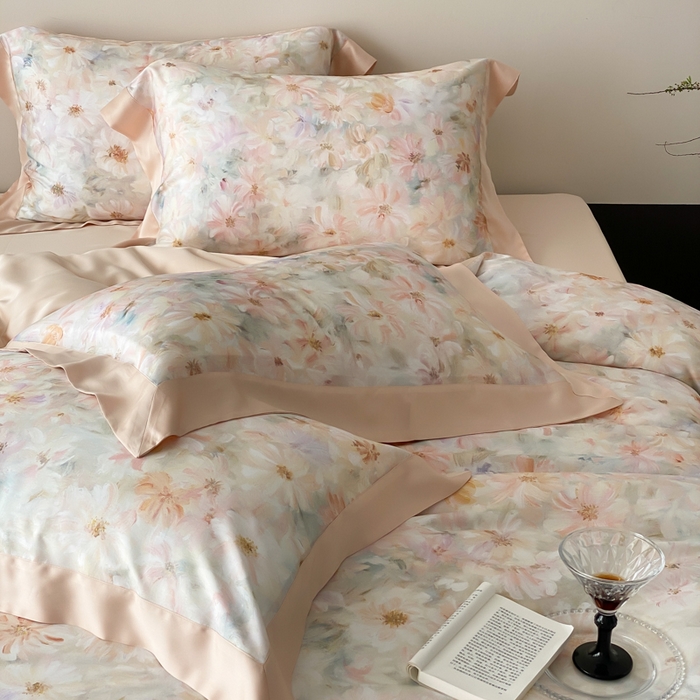 91家纺网 家纺一手货源 找家纺 云栖家居 2025天丝棉数码印花四件套 溪满花-香槟