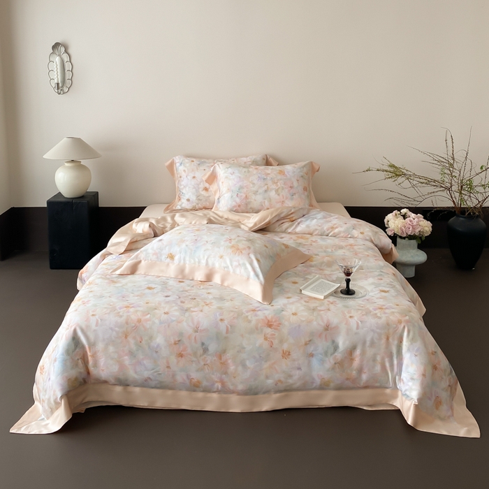 91家纺网 家纺一手货源 找家纺 云栖家居 2025天丝棉数码印花四件套 溪满花-香槟