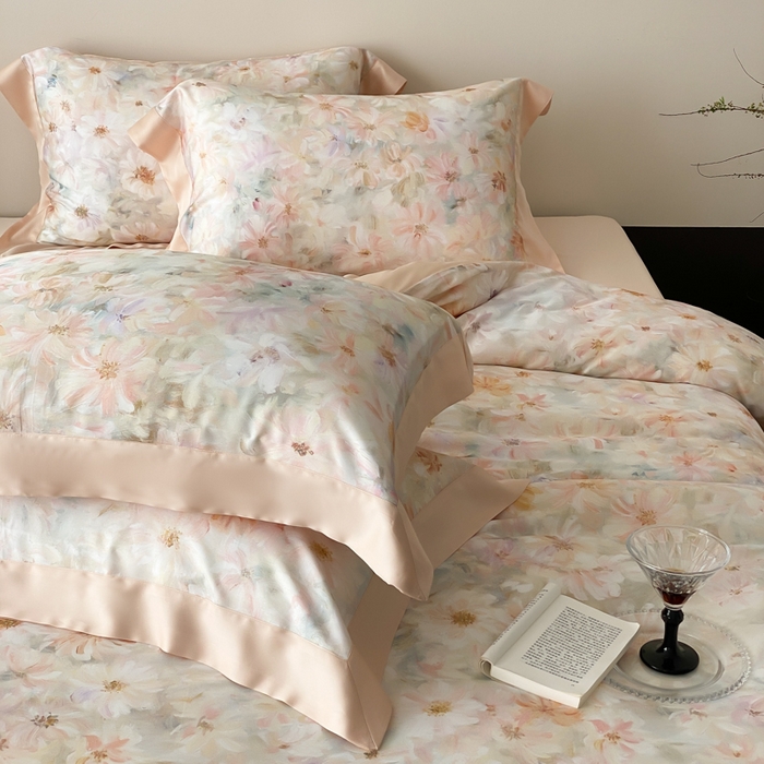 91家纺网 家纺一手货源 找家纺 云栖家居 2025天丝棉数码印花四件套 溪满花-香槟