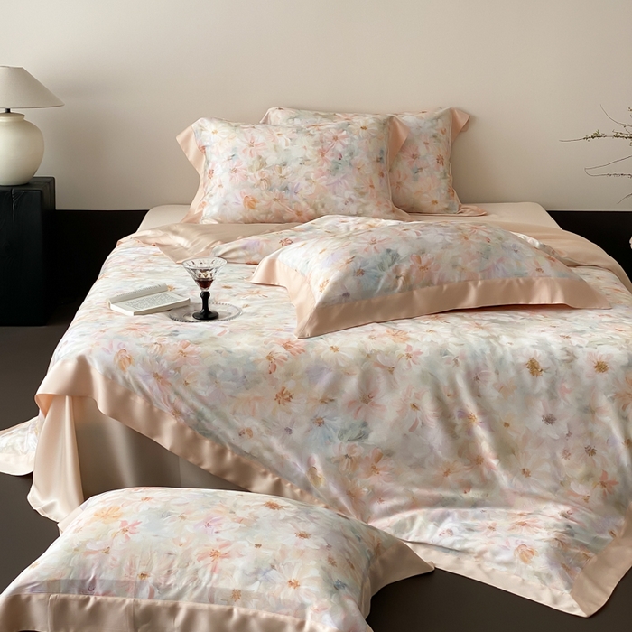 91家纺网 家纺一手货源 找家纺 云栖家居 2025天丝棉数码印花四件套 溪满花-香槟