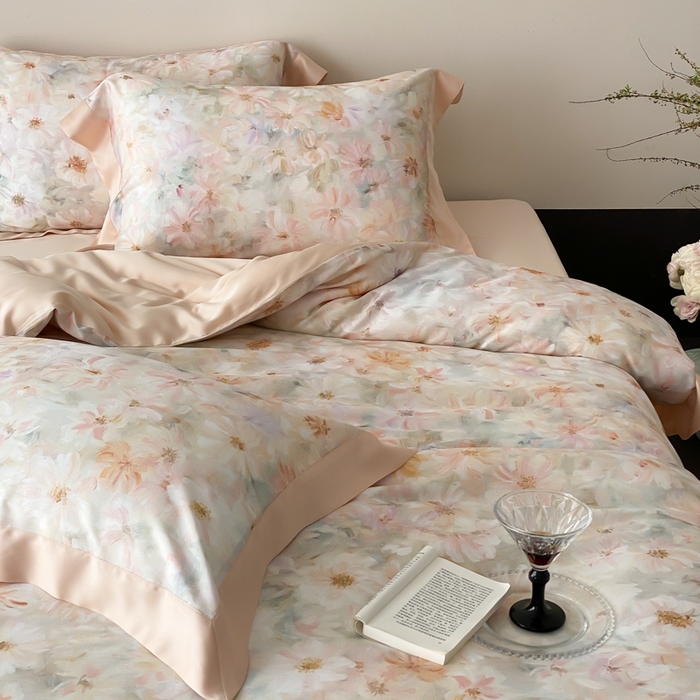 91家纺网 家纺一手货源 找家纺 云栖家居 2025天丝棉数码印花四件套 溪满花-香槟