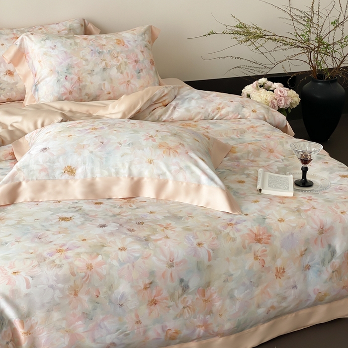 91家纺网 家纺一手货源 找家纺 云栖家居 2025天丝棉数码印花四件套 溪满花-香槟