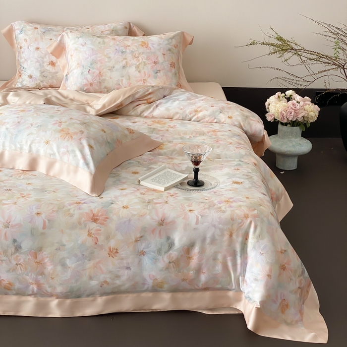 91家纺网 家纺一手货源 找家纺 云栖家居 2025天丝棉数码印花四件套 溪满花-香槟