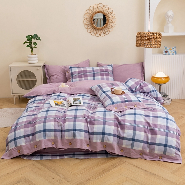 91家纺网 家纺一手货源 找家纺 琉宿家纺 2025新款纽扣款水洗棉四件套 爱语灰