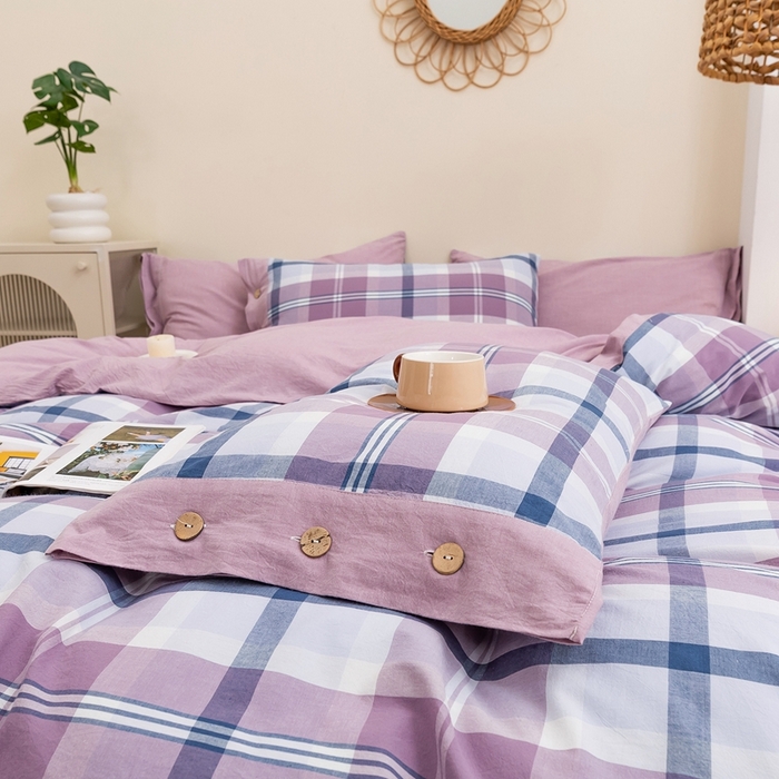 91家纺网 家纺一手货源 找家纺 琉宿家纺 2025新款纽扣款水洗棉四件套 爱语灰