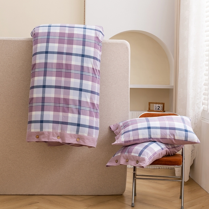 91家纺网 家纺一手货源 找家纺 琉宿家纺 2025新款纽扣款水洗棉四件套 爱语灰