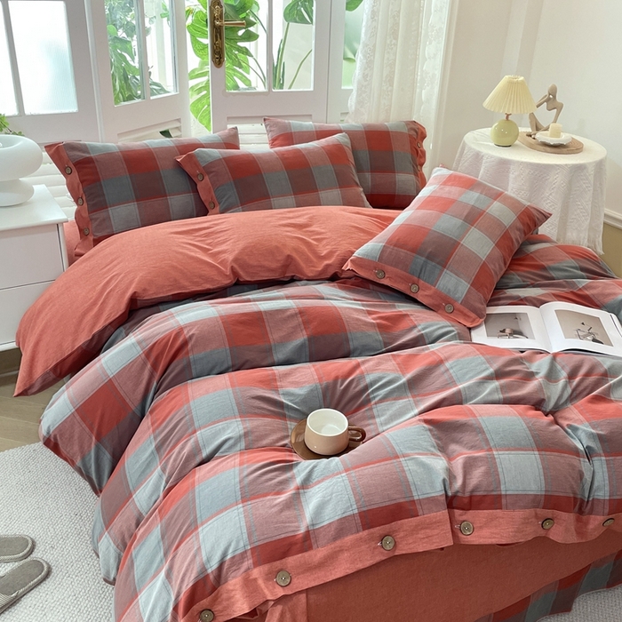 91家纺网 家纺一手货源 找家纺 琉宿家纺 2025新款纽扣款水洗棉四件套 迪亚红