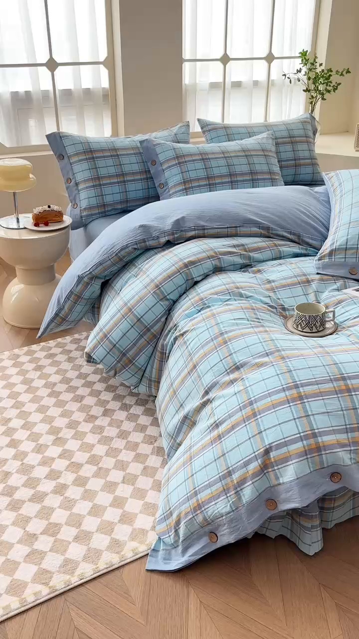 91家纺网 家纺一手货源 找家纺 琉宿家纺 2025新款纽扣款水洗棉四件套 波托兰