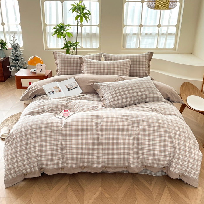 91家纺网 家纺一手货源 找家纺 琉宿家纺 2025新款纽扣款水洗棉四件套 梵克咖