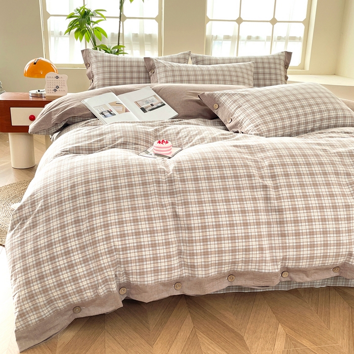 91家纺网 家纺一手货源 找家纺 琉宿家纺 2025新款纽扣款水洗棉四件套 梵克咖