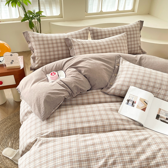 91家纺网 家纺一手货源 找家纺 琉宿家纺 2025新款纽扣款水洗棉四件套 梵克咖