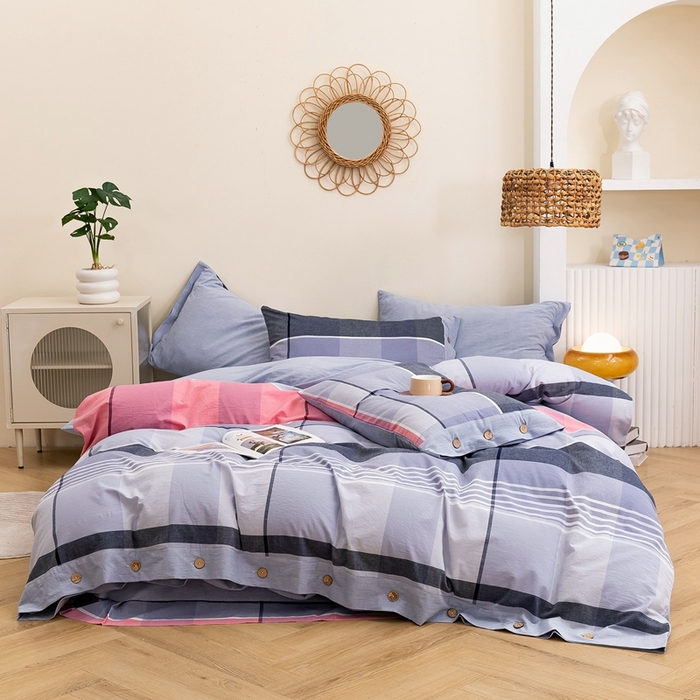 91家纺网 家纺一手货源 找家纺 琉宿家纺 2025新款纽扣款水洗棉四件套 玛格灰