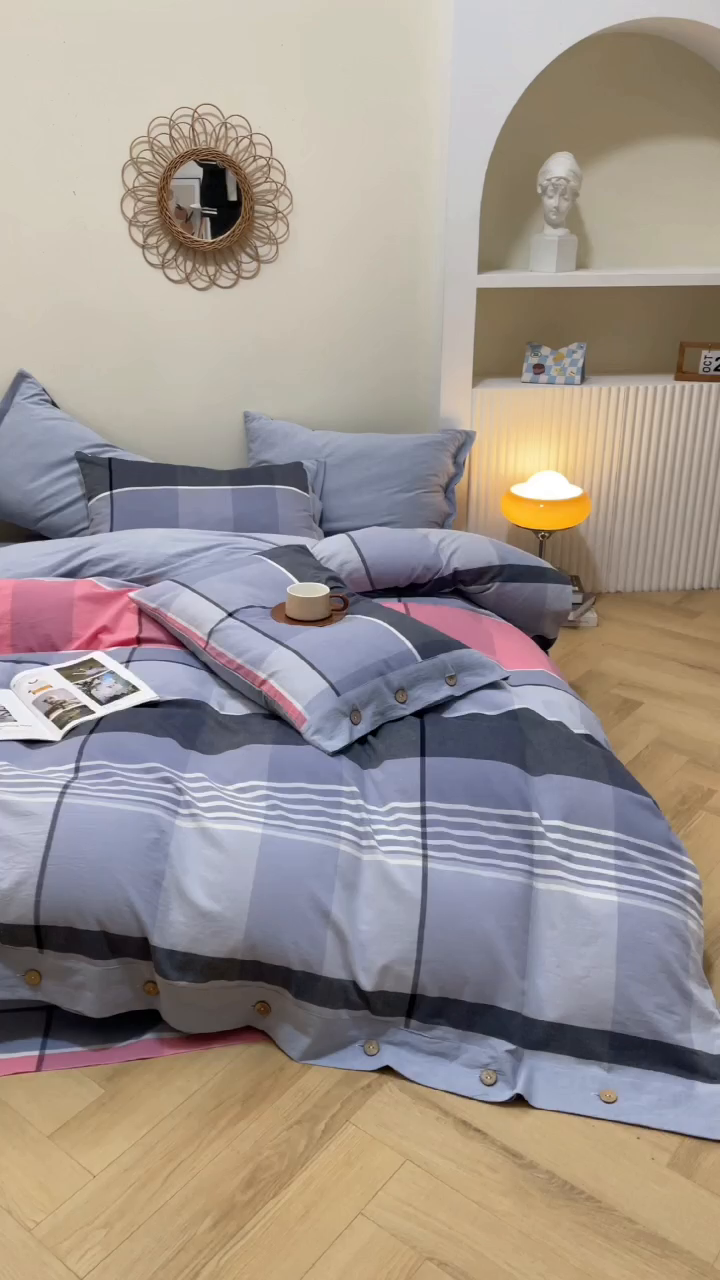 91家纺网 家纺一手货源 找家纺 琉宿家纺 2025新款纽扣款水洗棉四件套 玛格灰