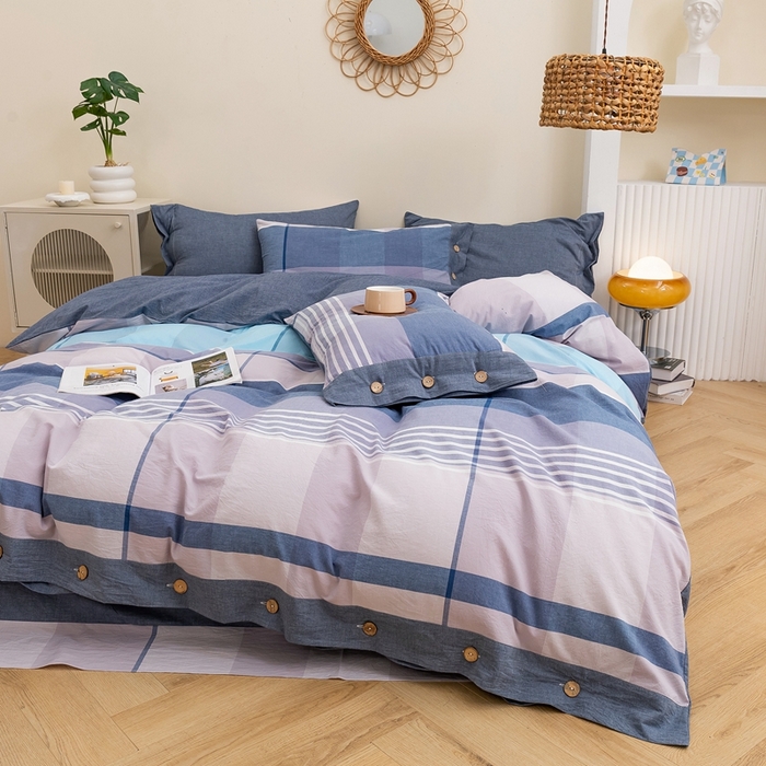 91家纺网 家纺一手货源 找家纺 琉宿家纺 2025新款纽扣款水洗棉四件套 玛格蓝