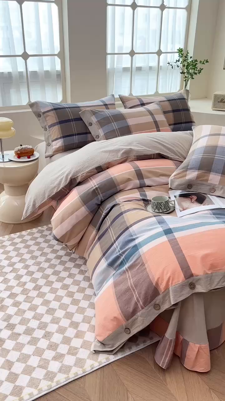 91家纺网 家纺一手货源 找家纺 琉宿家纺 2025新款纽扣款水洗棉四件套 回音桔