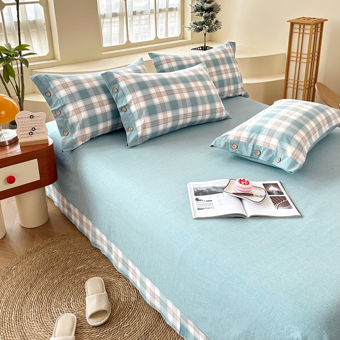 91家纺网 家纺一手货源 找家纺 琉宿家纺 2025新款纽扣款水洗棉四件套 云初绿