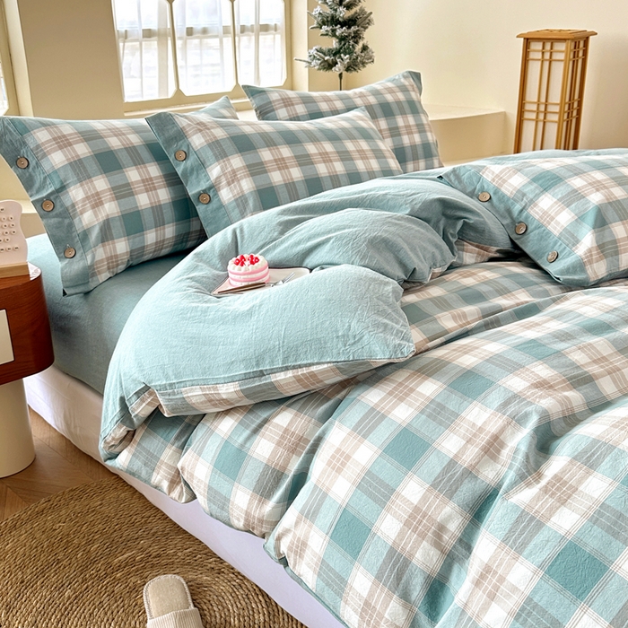 91家纺网 家纺一手货源 找家纺 琉宿家纺 2025新款纽扣款水洗棉四件套 云初绿