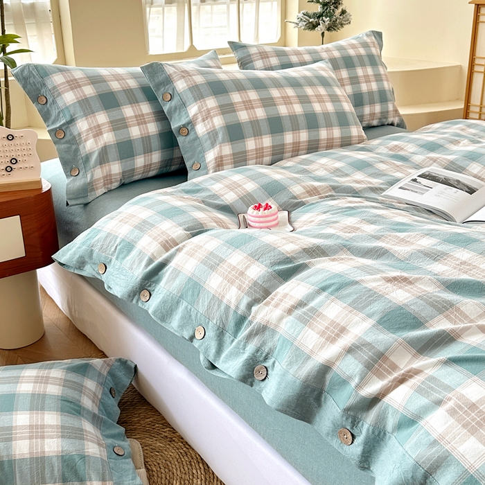 91家纺网 家纺一手货源 找家纺 琉宿家纺 2025新款纽扣款水洗棉四件套 云初绿