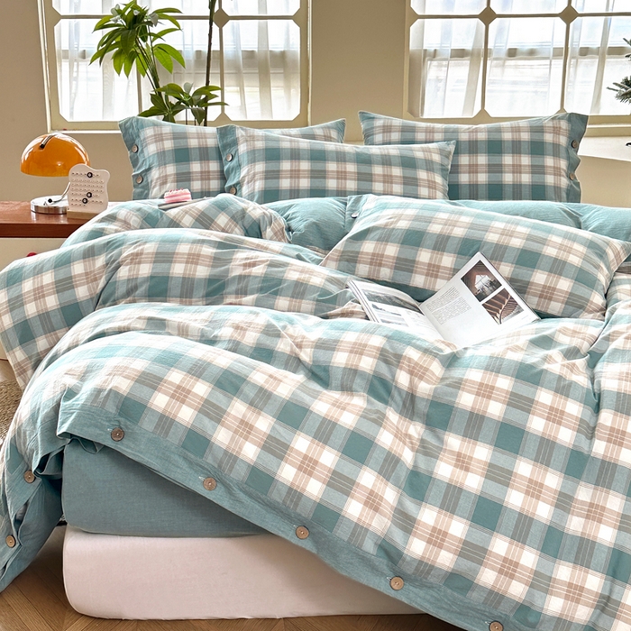 91家纺网 家纺一手货源 找家纺 琉宿家纺 2025新款纽扣款水洗棉四件套 云初绿