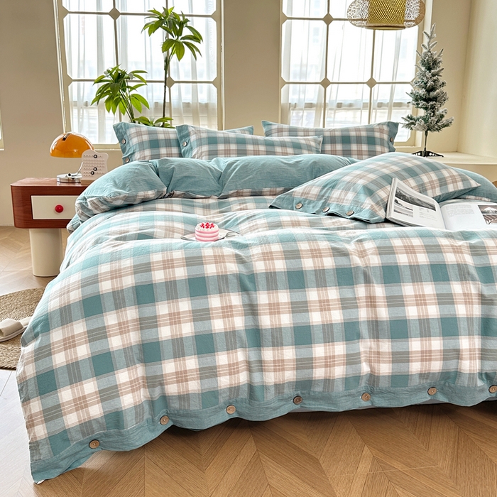 91家纺网 家纺一手货源 找家纺 琉宿家纺 2025新款纽扣款水洗棉四件套 云初绿