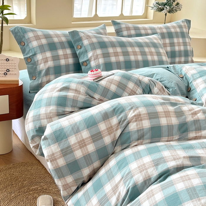 91家纺网 家纺一手货源 找家纺 琉宿家纺 2025新款纽扣款水洗棉四件套 云初绿